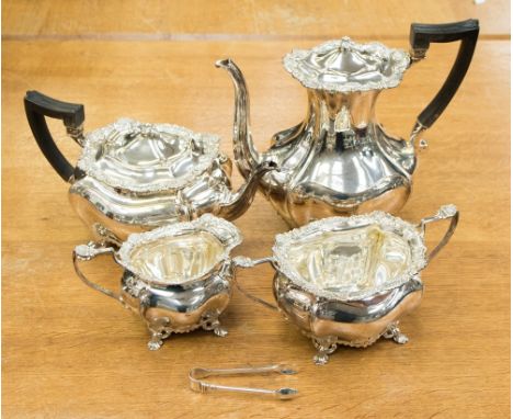 Four piece silver tea set and sugar tongs, Sheffield 1910, maker James Dixon. Sugar tongues are Hallmarked  London. Total com