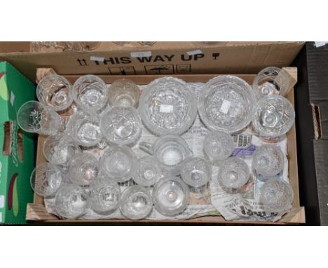 A box of cut glass glassware to include five sherry glasses, six tumblers, four small wine glasses and six bowls etc