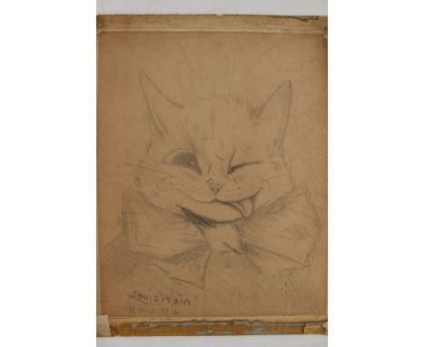 A Louis Wain pencil sketch of a Cat with it's tongue out, dated Nov 3rd 1914 