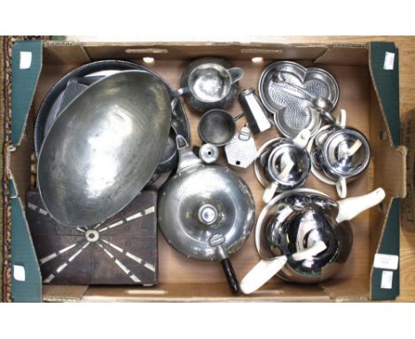 Of Arts and Crafts interest, a box of hammered Pewter, mostly having manufactures name to base, with Celtic Beehive (everhot 