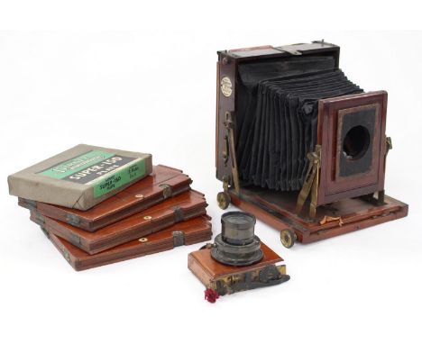 Thornton-Pickard: A Thornton-Pickard "Amber" mahogany plate-camera, bellows worn, complete with a 'London Stereoscopic Co.' 5