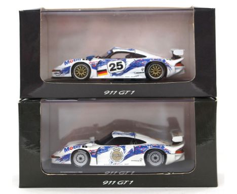 Minichamps: A pair of rare Porsche 911 GT1 rare 993 LeMans, team edition boxed 1:43 scale cars, never released for general sa