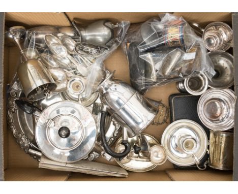 A box of EPNS including tea service, flatware, cased teaspoons, smoking interest, etc 