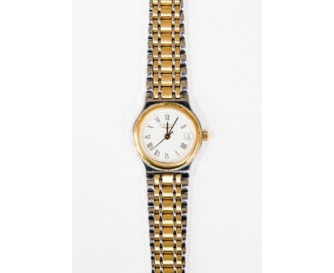A ladies Longines stainless steel wrist watch, white enamel dial with black Roman numerals 