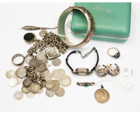 A bag of silver & white metal jewellery, a silver and green stone brooch by Charles Horner, coins, a silver hunter chain with