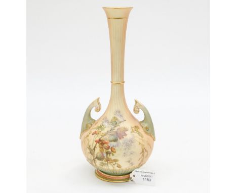 A Royal Worcester blush ivory two handle vase, painted with thistles by E. Raby, shape 1761, 1895, 26 cm high approx 