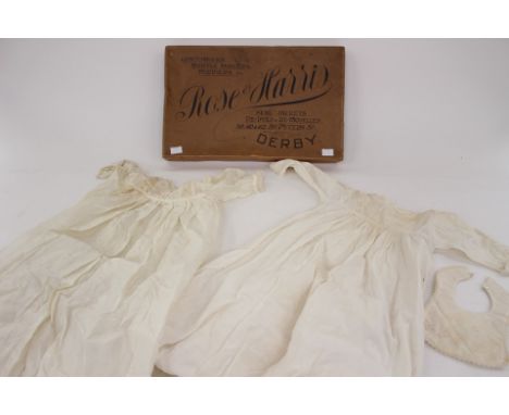 Christening robe to include a cream silk Edwardian robe (stained on yoke) and a white cotton underdress (stained on bodice) w