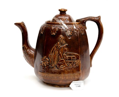 A circa 1870/80s Religious teapot 'Rebecca at The Well' earthenware producers name impressed base not readable, decorated wit