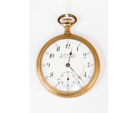 A Shaffers gold plated pocket watch the white enamel dial with black and red Arabic numerals, subsidiary dial, Schaffers Clev