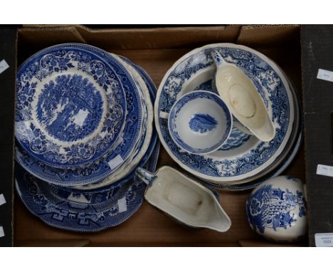 Blue and white china, various companies and designs to include Spode, Masons for Ringtons, large meat plate, Allertons, Yvan 