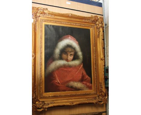 Perez (Spanish, 19th Century), Portrait of a young lady, half length, wearing a red velvet fur-trimmed cape, signed and dated