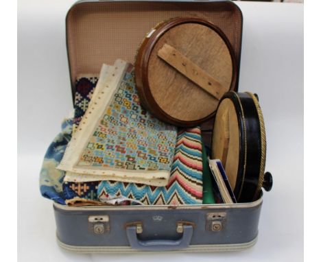 Two Victorian footstools together with various tapestry and woolwork panels and baize 