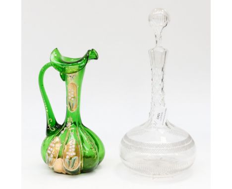 A 19th century green wine ewer with enamel detail together with a cut glass sherry decanter with etched detail also (2)