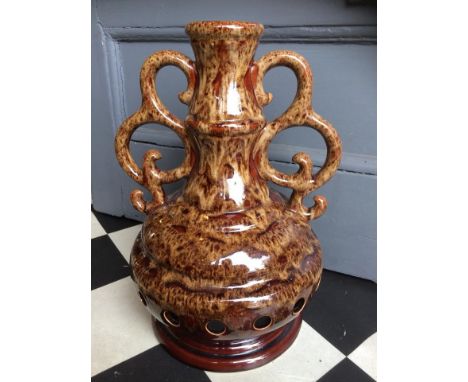 Large glazed west German pottery lamp base 44cm heigh X 20cm diameter on&nbsp;base. No damage. Large impressive piece with tw