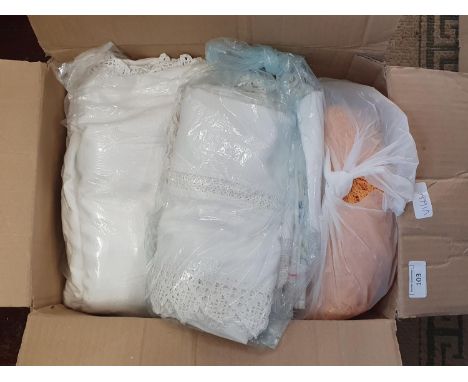 A box of assorted vintage linen and other material, shipping unavailable