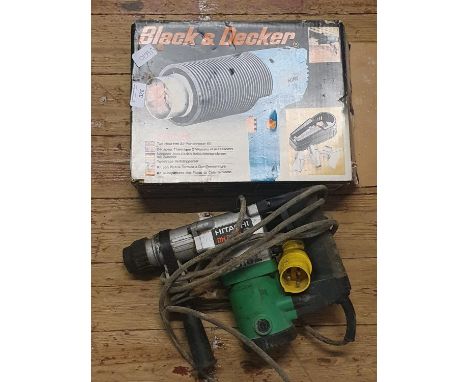 A Hitachi 110v hammer drill and a Black and Decker hot air gun, shipping unavailable