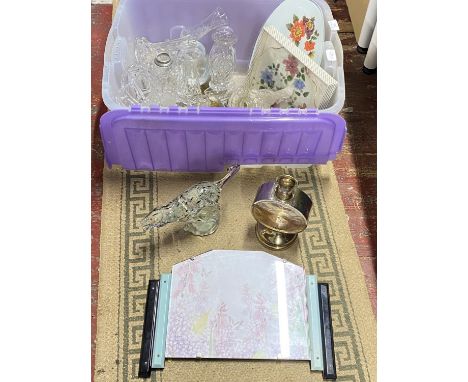 A box of assorted vintage glassware including Art Deco style frame, shipping unavailable