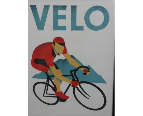 A framed and glazed coloured print VELO, of a man on a bicycle, signed and label verso. H.64.5 W.49cm 