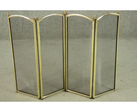 A vintage brass and mesh four panel three fold fire screen. H.62 W.80cm. 