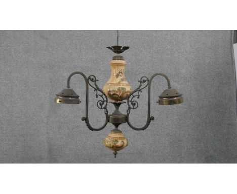 A 19th century ceramic ceiling chandelier with three scrolling branches, converted to electricity. H.48 W.49cm 