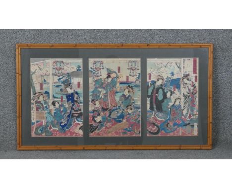 After Toyohara Kunichika, a framed and glazed Japanese woodblock print tryptich, Meigi Zoroi, gallery label to reverse. H.48 
