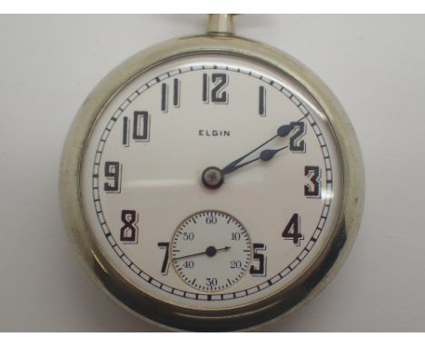Elgin white metal crown wind open face pocket watch with Arabic numerals CONDITION REPORT: This item is working at lotting.