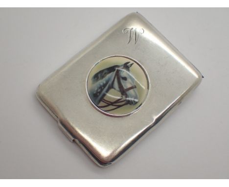 Silver vesta case with enamel horse design
