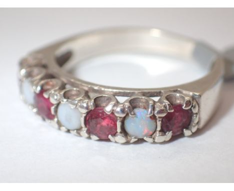 Silver ruby and opal half eternity ring size M stamped silver