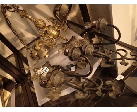 Reproduction five light chandelier and two Art Nouveau style wall sconce lights with twin lamp holders