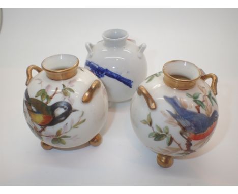 Two hand painted Royal Worcester ball vases and one flow blue example