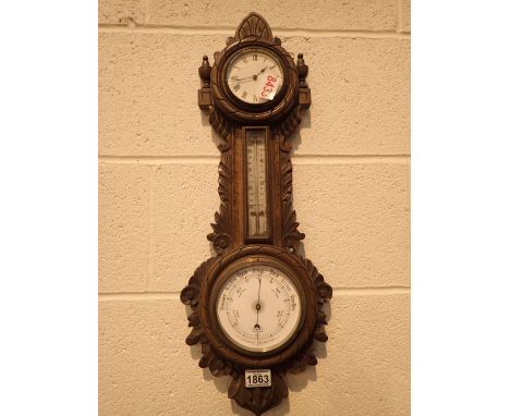 Oak cased Edwardian clock barometer nautical theme A/F CONDITION REPORT: A/F - no glass on barometer.