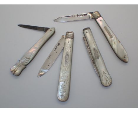 Four mother of pearl penknives three with silver blades