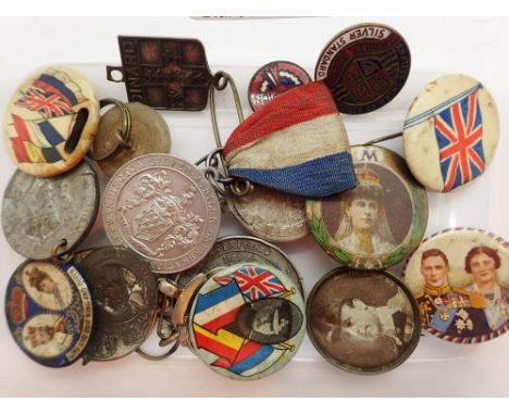 Collection of vintage pin badges and souvenir medals and a masonic silver fob 