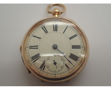 14ct gold plated open faced key wind pocket watch with Roman numerals movement by P Grundy of St Helens  CONDITION REPORT: Th