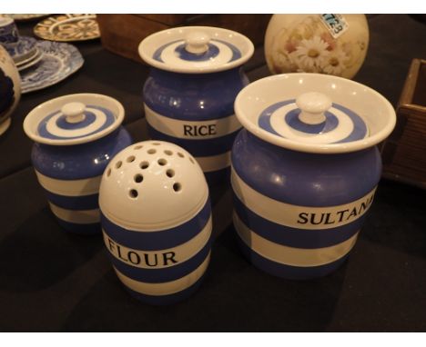 TG Green Cornishware blue and white sultanas rice and raisins storage jars and flour sifter CONDITION REPORT: No cracks, chip