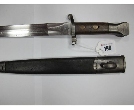 An 1895 Lee Metford Bayonet, with wood grips, the blade stamped "VR" "95" and with "WD" arrow", black leather scabbard with m