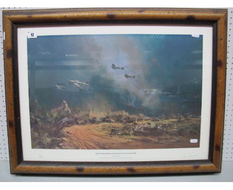 AFTER FRANK WOOTTON "Rocket Firing Typhoons at the Falaise Gap - Normandy 1944", print, graphite signed by Bill Beaumont, fra