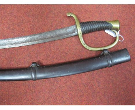 A Mid XIX French Sabre, with 32" curved blade, light rust and pitting, brass hilt with wire binding missing from wooden grip,