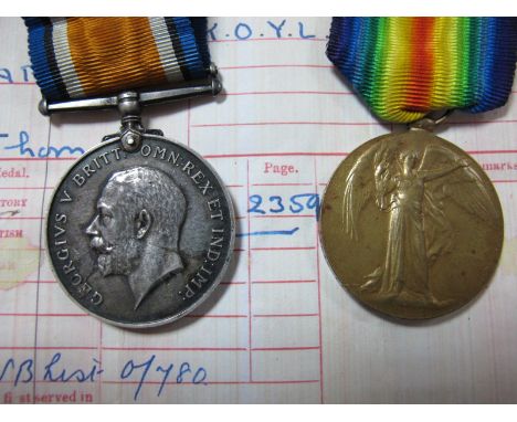A WWI Pair, consisting of War and Victory Medals to 44036 Private T. Harman, Kings Own Yorkshire Light Infantry with paperwor