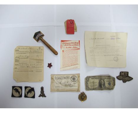 Two WWII Brass Cap Badges, Pioneer Corps and Royal Marine Light Infantry, two boars head cloth division badges, a cloth sleev