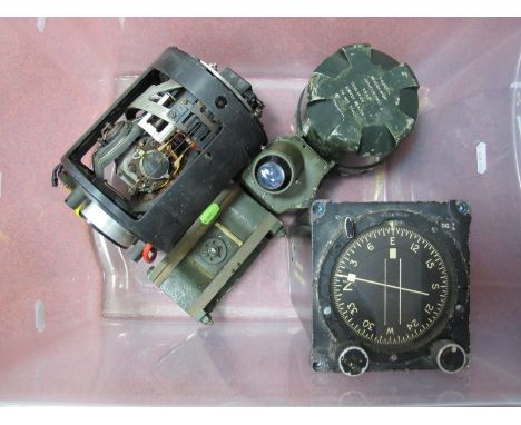 A Mid XX Century British War Dept Aircraft Compass, Mk 4F Gyro; a War Dept Survey Beacon (glass damaged); a Monocular Mk 4 an