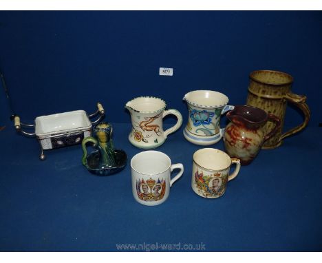 Two Edward VIII and George VI coronation mugs, butter dish on epns stand, pottery chamber stick, Ewenny jug, Collard Honiton 