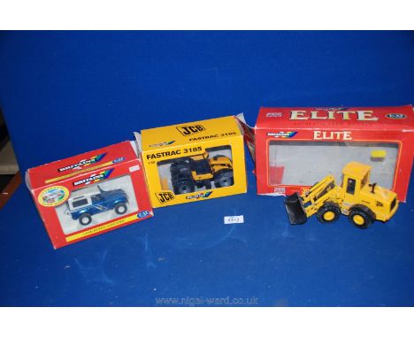 Three British farm models including a JCB farm master 1.32 scale, JCB Fastback 3185 and a Land rover Defender 1.32 scale.