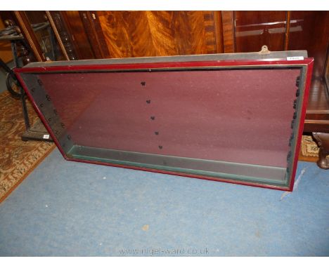 A maroon finished framed Wall hanging model Display Cabinet with numerous shelves, 42'' wide, 20 3/8'' high, five shelves ful