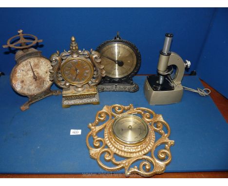 A quantity of miscellanea to include; microscope, clocks, barometer and scales.