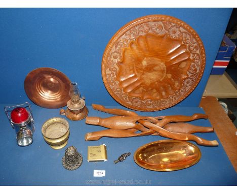 A small carved Table and various copper/brass items including lamp, etc.