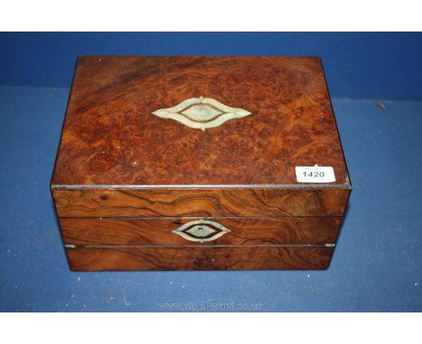 A Walnut veneered ladies writing box with inlaid mother of pearl centre piece, the box opening to reveal a blue velvet writin