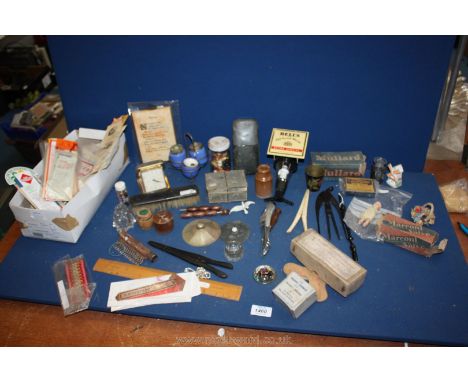 A tray of miscellanea including hip flask, spirit measure, condiment set, brush, glove stretchers, box of vintage book marks 