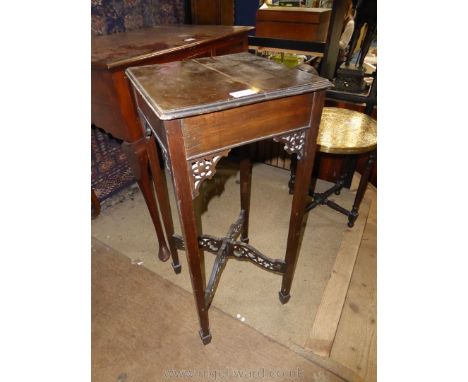 An early 20th c. square Plant/lamp Table having chinosiere style pierced cross stretcher and corner brackets and standing on 