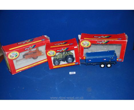 Three British farm implements including a Hurlimann SX 1500 tractor 1.32 scale, a 1.32 scale Superspray tanker, and a 1.32 sc